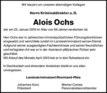 Traueranzeige von Alois Ochs von vrm-trauer
