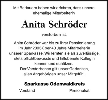 Traueranzeige von Anita Schröder von vrm-trauer