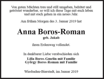 Traueranzeige von Anna Boros-Roman von vrm-trauer