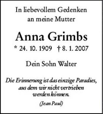 Traueranzeige von Anna Grimbs von vrm-trauer