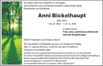Traueranzeige von Anni Bickelhaupt von vrm-trauer