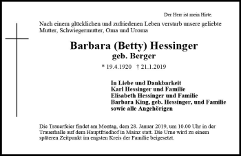 Traueranzeige von Barbara Hessinger von vrm-trauer