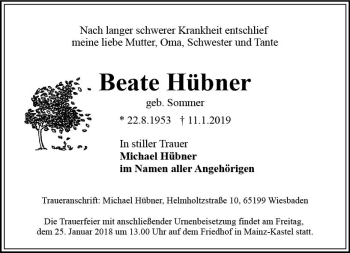 Traueranzeige von Beate Hübner von vrm-trauer