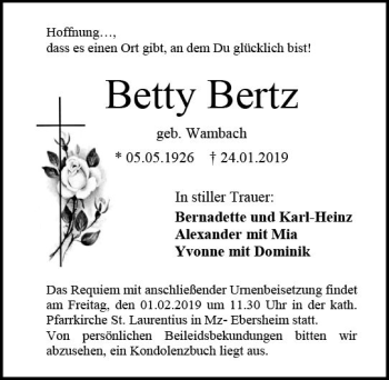 Traueranzeige von Betty Bertz von vrm-trauer