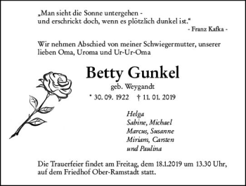 Traueranzeige von Betty Gunkel von vrm-trauer
