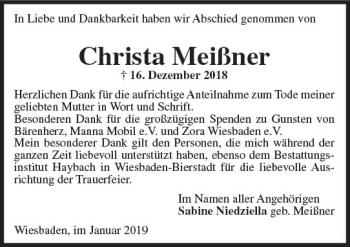 Traueranzeige von Christa Meißner von vrm-trauer