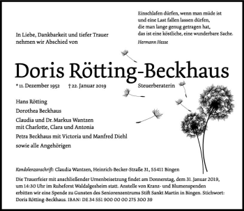 Traueranzeige von Doris Rötting-Beckhaus von vrm-trauer