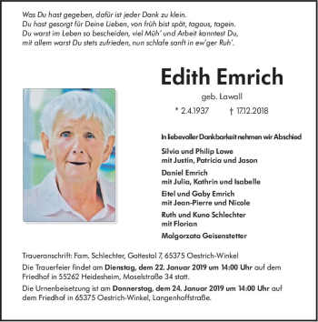 Traueranzeige von Edith Emrich von vrm-trauer