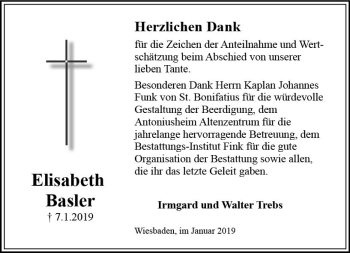Traueranzeige von Elisabeth Basler von vrm-trauer