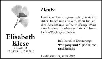 Traueranzeige von Elisabeth Kiese von vrm-trauer