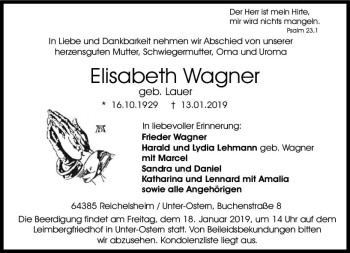 Traueranzeige von Elisabeth Wagner von vrm-trauer