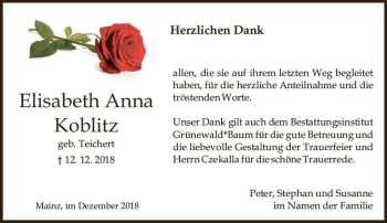Traueranzeige von Elisabeth Anna Koblitz von vrm-trauer
