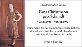Traueranzeige von Erna Christmann von vrm-trauer
