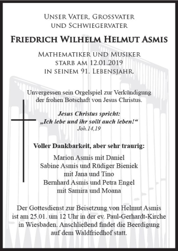 Traueranzeige von Friedrich Wilhelm Helmut Asmis von vrm-trauer