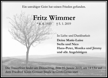 Traueranzeige von Fritz Wimmer von vrm-trauer