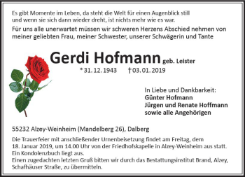 Traueranzeige von Gerdi Hofmann von vrm-trauer