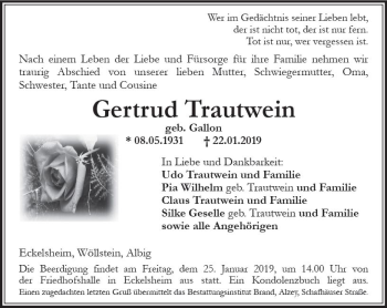 Traueranzeige von Gertrud Trautwein von vrm-trauer