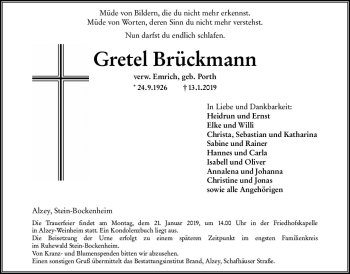 Traueranzeige von Gretel Brückmann von vrm-trauer
