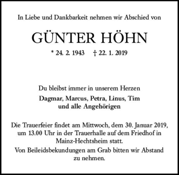 Traueranzeige von Günter Höhn von vrm-trauer