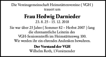 Traueranzeige von Hedwig Darnieder von vrm-trauer