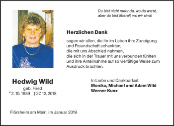 Traueranzeige von Hedwig Wild von vrm-trauer