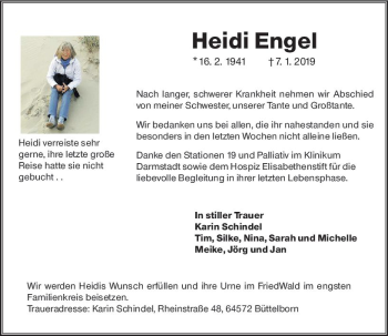 Traueranzeige von Heidi Engel von vrm-trauer