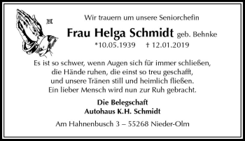Traueranzeige von Helga Schmidt von vrm-trauer