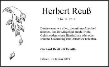 Traueranzeige von Herbert Reuß von vrm-trauer