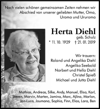 Traueranzeige von Herta Diehl von vrm-trauer