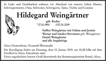Traueranzeige von Hildegard Weingärtner von vrm-trauer
