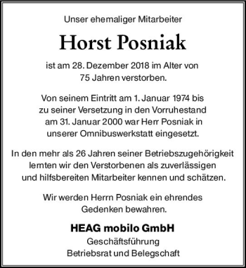 Traueranzeige von Horst Posniak von vrm-trauer
