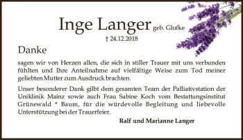 Traueranzeige von Inge Langer von vrm-trauer