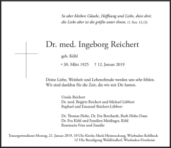 Traueranzeige von Ingeborg Reichert von vrm-trauer