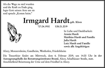 Traueranzeige von Irmgard Hardt von vrm-trauer