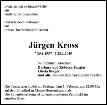 Traueranzeige von Jürgen Kross von vrm-trauer