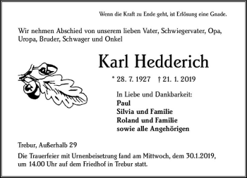 Traueranzeige von Karl Hedderich von vrm-trauer