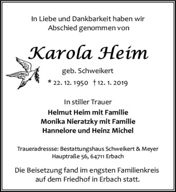 Traueranzeige von Karola Heim von vrm-trauer