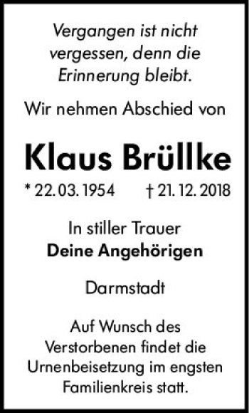 Traueranzeige von Klaus Brüllke von vrm-trauer