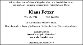 Traueranzeige von Klaus Fetzer von vrm-trauer