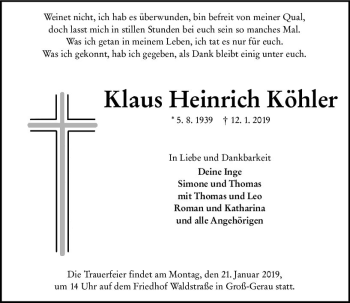 Traueranzeige von Klaus Heinrich Köhler von vrm-trauer