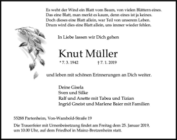 Traueranzeige von Knut Müller von vrm-trauer