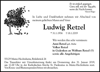 Traueranzeige von Ludwig Retzel von vrm-trauer