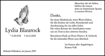 Traueranzeige von Lydia Blaurock von vrm-trauer