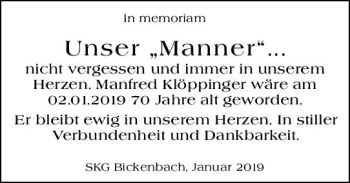 Traueranzeige von Manfred Klöppinger von vrm-trauer