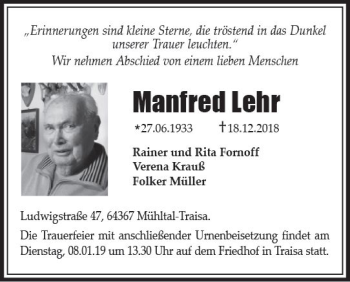 Traueranzeige von Manfred Lehr von vrm-trauer