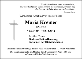 Traueranzeige von Maria Kremer von vrm-trauer