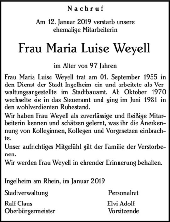 Traueranzeige von Maria Luise Weyell von vrm-trauer