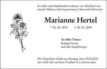 Traueranzeige von Marianne Hertel von vrm-trauer