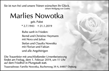 Traueranzeige von Marlies Nowotka von vrm-trauer