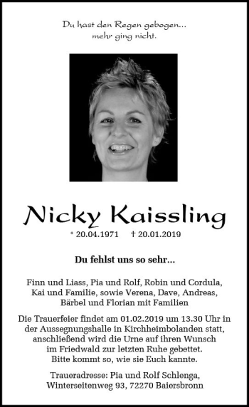 Traueranzeige von Nicky Kaissling von vrm-trauer